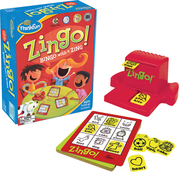 Zingo! game by ThinkFun features vibrant box art with children playing around a game board. The game includes a red Zingo! dispenser, a stack of yellow picture tiles, and a colorful game card filled with various images like animals, objects, and food, designed for 2 to 6 players ages 4 and up.