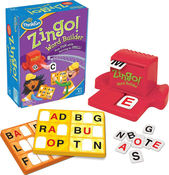 Zingo Word Builder game by Thinkfun. The image shows the bright red Zingo device, which dispenses letter tiles, alongside three colorful game boards featuring letters. The game encourages children in grades K-2 to learn spelling in a fun and interactive way.