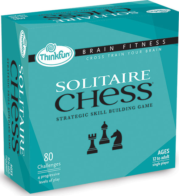 Brain Fitness Solitaire Chess game by Thinkfun. The packaging showcases the game title in bold letters, along with symbols of chess pieces and mentions '80 Challenges' and '4 progressive levels of play'. Suitable for ages 12 and up, designed for single players to enhance strategic thinking and problem-solving skills.