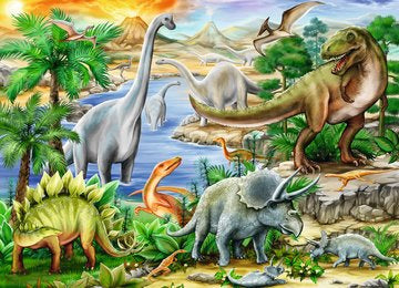 A vibrant jigsaw puzzle featuring prehistoric scenes with various dinosaurs, including a T-Rex, Triceratops, Stegosaurus, and more. The background showcases lush vegetation, mountains, and a river under a bright sky, creating an engaging and colorful depiction of the age of dinosaurs.