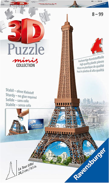 A 3D jigsaw puzzle of the Eiffel Tower by Ravensburger, featuring 54 high-quality plastic pieces. The puzzle showcases intricate details of the tower, set against a blue sky. It has a sturdy design, requiring no glue for assembly, ideal for ages 8 to 99.