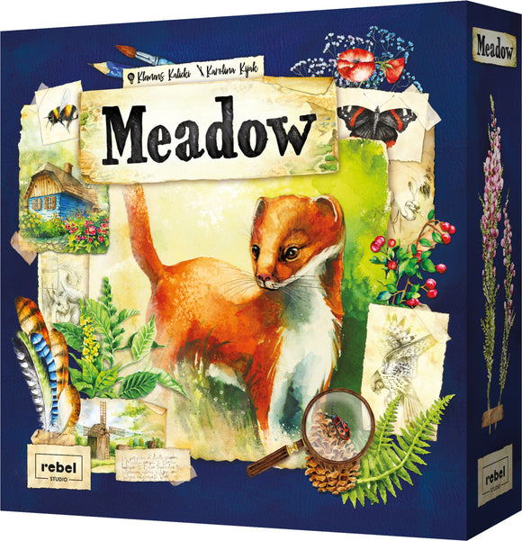 The game 'Meadow' by Rebel features an illustrated box showcasing a vibrant landscape with a cute animal, surrounded by flowers, leaves, butterflies, and nature sketches. The design is colorful and artistic, inviting players into a whimsical exploration of nature.