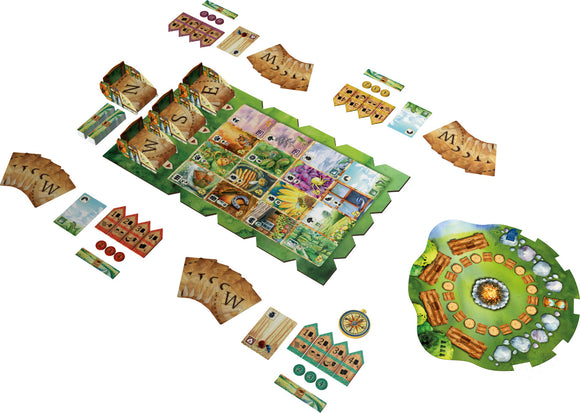 A colorful board game titled 'Meadow' by Rebel, featuring a vibrant illustrated game board with various cards, tokens, and pieces arranged around it. The board displays lush landscapes with illustrations of flora and fauna, along with several other game components including player boards and scoring tokens. This engaging game is perfect for family and friends.