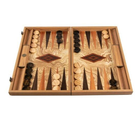 19-inch Olive Burl Backgammon Set by Manopoulous opened, featuring a beautiful wood design with alternating dark and light checkers on a decorative playing surface, perfect for classic gameplay.