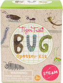 The Bug Spotter Kit by Tiger Tail is a playful educational kit featuring illustrations of various bugs like ants, caterpillars, and grasshoppers on a textured cardboard packaging. It promotes exploration and learning about insects, suitable for children aged 3 and older, with a STEAM focus.