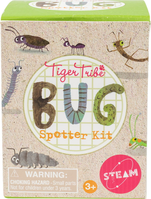 The Bug Spotter Kit by Tiger Tail is a playful educational kit featuring illustrations of various bugs like ants, caterpillars, and grasshoppers on a textured cardboard packaging. It promotes exploration and learning about insects, suitable for children aged 3 and older, with a STEAM focus.