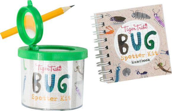 The Bug Spotter Kit by Tiger Tribe includes a clear magnifying container with a green lid, a yellow pencil, and a colorful spiral-bound handbook filled with drawings of various bugs. This educational kit is perfect for young explorers interested in nature and bug identification.
