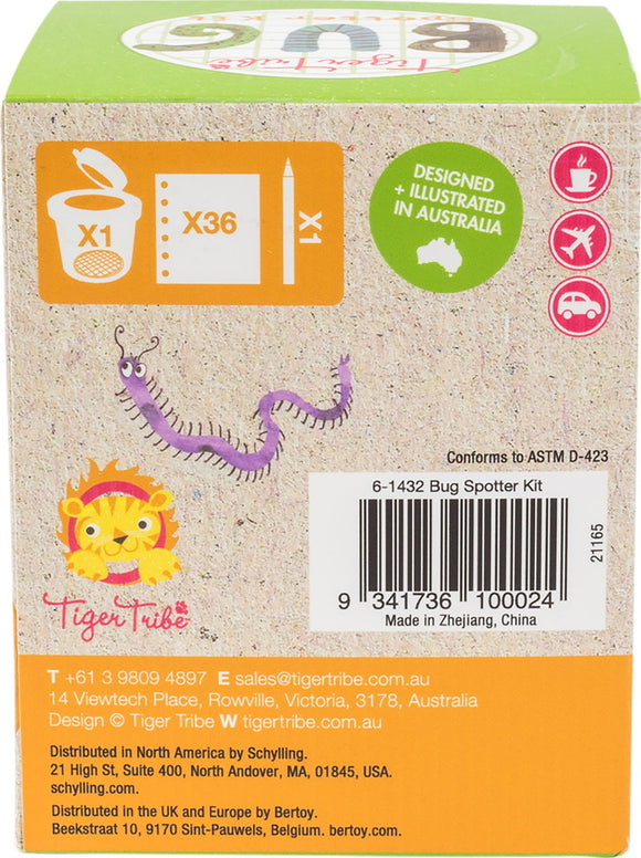 The Bug Spotter Kit by Tiger Tribe features a brightly colored packaging with illustrations of bugs. The box includes components like a magnifying glass, bug identification sheets, and a pencil for exploring the outdoors. Ideal for kids who love adventure and nature.