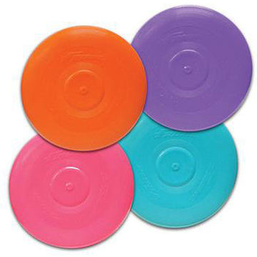 Four colorful Frisbees from WHAM-O, featuring vibrant orange, purple, teal, and pink designs. Ideal for outdoor games and fun activities.