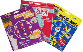 Three colorful bingo game cards from Regal Games featuring 'Interstate Bingo', 'License Plate Bingo', and 'Traffic Bingo'. Each card is illustrated with various transportation-related images and icons for a fun road trip experience. Great for family entertainment during long drives.