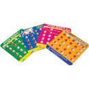Original Travel Bingo game by Regal Games featuring colorful auto bingo cards in blue, pink, yellow, and green. Each card has a grid of icons for marking off during gameplay, designed for family fun on the go, ideal for road trips.