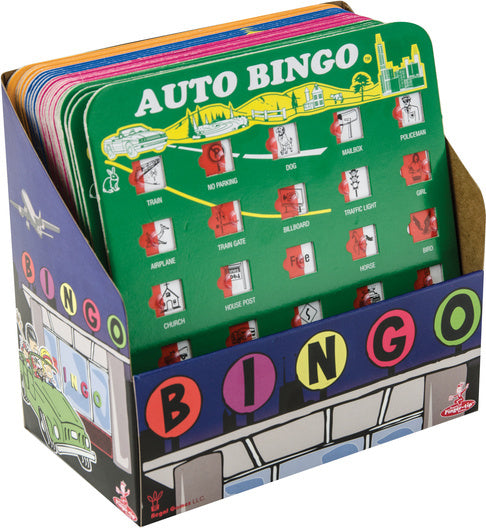 The Original Travel Bingo by Regal Games features multiple colorful bingo cards, each with images representing various travel-related items such as cars, trains, and landmarks. The cards are displayed in a vibrant box designed for easy access, making it an ideal travel game to keep the whole family entertained during road trips or journeys.