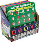 The Original Travel Bingo by Regal Games features multiple colorful bingo cards, each with images representing various travel-related items such as cars, trains, and landmarks. The cards are displayed in a vibrant box designed for easy access, making it an ideal travel game to keep the whole family entertained during road trips or journeys.
