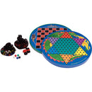 Tin Chinese Checkers game by Schylling featuring a colorful hexagonal board with pegs in various colors and two mesh bags containing game pieces. The board is divided into triangles and includes a checkerboard design on one side.