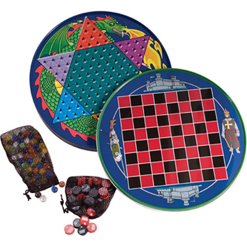 Colorful tin Chinese Checkers game by Schylling featuring a vibrant star-patterned board with colorful marbles in mesh bags. Ideal for family fun and strategy.