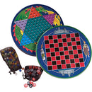 Colorful tin Chinese Checkers game by Schylling featuring a vibrant star-patterned board with colorful marbles in mesh bags. Ideal for family fun and strategy.