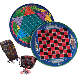 Colorful tin Chinese Checkers game by Schylling featuring a vibrant star-patterned board with colorful marbles in mesh bags. Ideal for family fun and strategy.