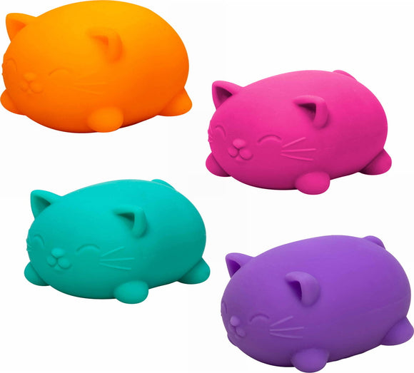 A collection of four NeeDoh Cool Cats fidget toys, featuring vibrant colors including orange, pink, turquoise, and purple. Each cat has a smiling face, round body, and small ears, designed to provide a sensory and stress-relieving experience.