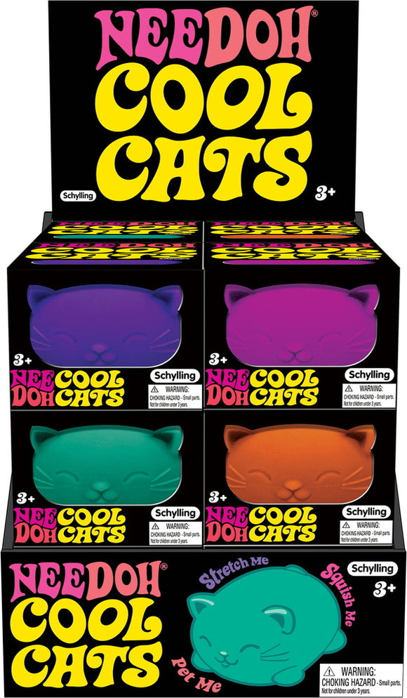 NeeDoh Cool Cats fidget toys by Schylling, featuring a colorful display of soft, squishy cat-shaped figures in various colors. Each cat is designed for sensory play, featuring labels like 'Stretch Me,' 'Squish Me,' and 'Pet Me.' Suitable for children ages 3 and up. The packaging is vibrant with playful typography, highlighting the fun and relaxing nature of these toys.