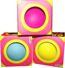 NeeDoh Color Change fidget toy by Schylling Associates Inc. Three colorful spheres in boxes, featuring vibrant pink, blue, and yellow designs with bold circular patterns.