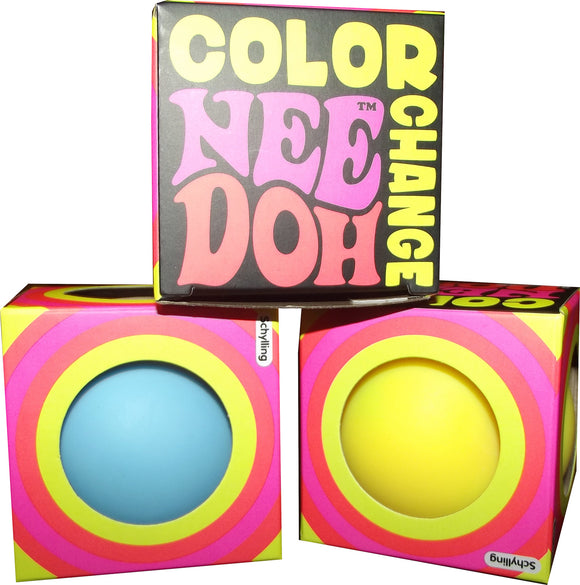NeeDoh Color Change fidget toy by Schylling Associates Inc. The product includes colorful, squishy stress balls that change colors when squeezed. The packaging features bright, playful graphics with bold lettering.