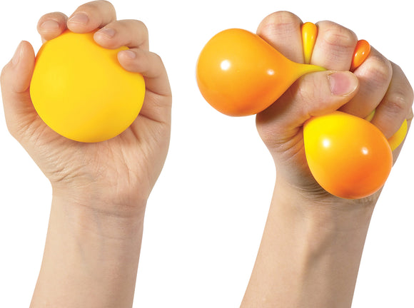 A hand squeezing a NeeDoh Color Change fidget toy, showcasing its soft, squishy texture. The toy transforms colors as it's compressed, providing sensory relief and entertainment. The image captures two different positions of the toy, demonstrating its playful design and vibrant colors.