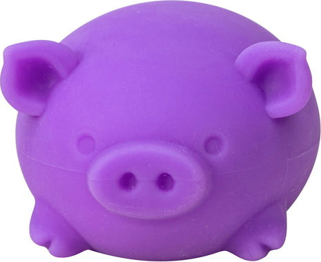 A small, round, purple pig-shaped stress ball made of soft, squishy material. The pig features cute facial details including ears, a snout, and small feet, designed for squeezing and relieving stress.