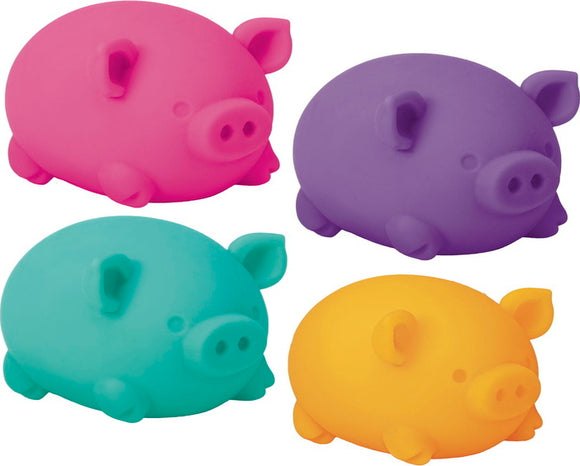 A colorful assortment of NeeDoh Dig It Pig stress balls from Schylling. The set includes four squishy pig-shaped toys in vibrant pink, purple, teal, and yellow. Each pig features a rounded body and cute facial details, designed for squeezing and fidgeting.