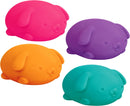 A colorful assortment of four NeeDoh Funky Pup stress balls, featuring pink, purple, orange, and teal puppy designs. Each squishy toy is made of soft, squeezable material, perfect for stress relief and sensory play.