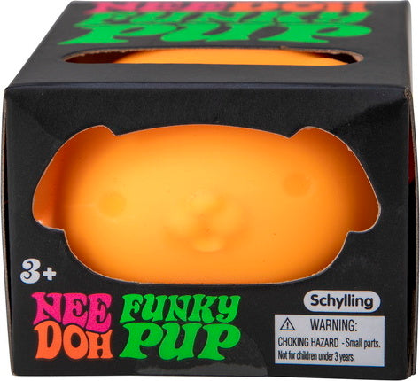 NeeDoh Funky Pup by Schylling is a bright orange, squishy fidget toy shaped like a playful pup. The soft, squeezable texture is ideal for stress relief and sensory play. It is packaged in a colorful box with the product name prominently displayed.