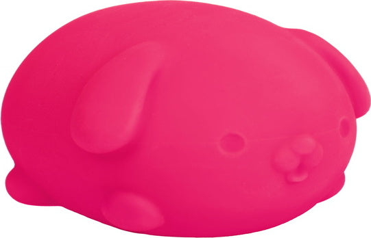 A bright pink NeeDoh Funky Pup toy by Schylling, shaped like a cute, plump puppy with floppy ears and an adorable face. The soft, squishy material makes it perfect for squeezing, providing sensory relief and fun.