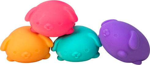 A colorful set of NeeDoh Funky Pup fidget toys by Schylling. The collection features four dough-like puppy figures in vibrant colors: pink, orange, teal, and purple. Each pup has a cute, simple design, perfect for squeezing and relieving stress. These tactile toys are ideal for kids and adults alike, offering fun and relaxation.