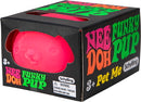 A colorful packaging of NeeDoh Funky Pup by Schylling, featuring a bright pink, squishy dog-shaped stress toy. The box is designed with bold, vibrant text stating 'NeeDoh Funky Pup' and instructs to 'Pet Me.' Suitable for ages 3 and up.