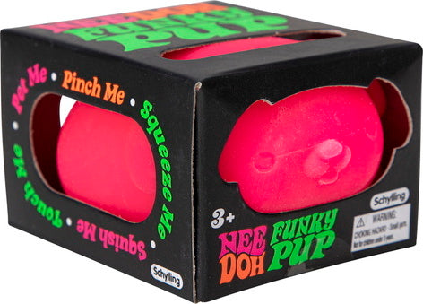 The NeeDoh Funky Pup by Schylling is a brightly colored, squeezable stress toy shaped like a cute puppy. It is housed in a vibrant black box with colorful text stating 'Squeeze Me,' 'Pinch Me,' and 'Pet Me'—perfect for fun and relaxation.
