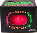 The NeeDoh Funky Pup by Schylling is a colorful squishy toy packaged in a black box featuring vibrant text that invites users to 'Pet Me,' 'Squeeze Me,' 'Squish Me,' and 'Pinch Me.' The toy inside is bright pink, with a soft, stretchy texture designed for stress relief and sensory play, making it ideal for both children and adults.