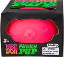 NeeDoh Funky Pup fidget toy by Schylling. This vibrant pink stress ball is shaped like a cute dog, designed for squeezing, stretching, and fun sensory play. Perfect for kids and adults alike, it promotes relaxation and stress relief.