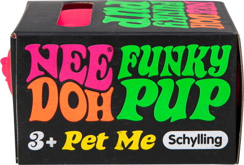 NeeDoh Funky Pup by Schylling is a colorful and fun stress ball shaped like a cute puppy. The packaging is vibrant with playful lettering, promoting relaxation and sensory play for kids ages 3 and up. Perfect for fidgeting and sensory exploration.