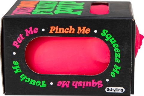 A colorful NeeDoh Funky Pup fidget toy by Schylling, featuring a bright pink squishy body with the phrases 'Pinch Me', 'Squeeze Me', 'Pet Me', and 'Touch Me' printed around the opening. The box showcases the playful and stress-relieving nature of the toy, ideal for sensory play.