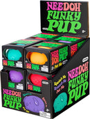 A vibrant display of NeeDoh Funky Pup toys by Schylling, featuring colorful squishy pups in teal, orange, red, and purple packaging. Each pup is designed to be squished, stretched, and petted, offering a fun sensory experience. The packaging highlights the playful nature of the toys, suitable for children aged 3 and up.