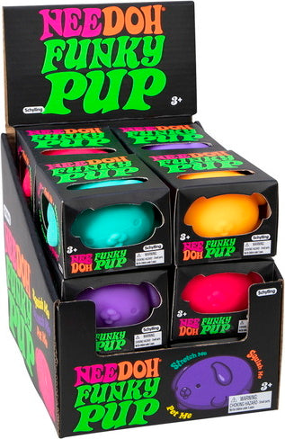 A colorful display of NeeDoh Funky Pup fidget toys by Schylling. The assortment includes various vibrant colors such as purple, green, orange, and blue, each shaped like a cartoonish dog head. The packaging features playful and bold graphics, highlighting the product name and age recommendation of 8+. Perfect for stress relief and sensory play.