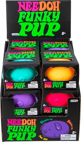 A display of NeeDoh Funky Pup stress balls in vibrant colors, including teal, orange, purple, and pink. Each pup is a squishy, playful toy designed to relieve stress and provide sensory fun. The packaging emphasizes its playful design and suitability for ages 3 and up.