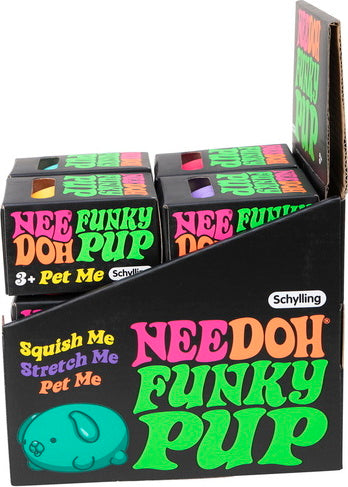 A colorful display of NeeDoh Funky Pup fidget toys by Schylling. The box features vibrant colors with the words 'Squish Me', 'Stretch Me', and 'Pet Me'. Each pup has a unique color and texture, inviting tactile engagement for kids and adults alike. Perfect for stress relief or sensory play.