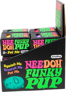 A colorful display of NeeDoh Funky Pup fidget toys by Schylling. The box features vibrant colors with the words 'Squish Me', 'Stretch Me', and 'Pet Me'. Each pup has a unique color and texture, inviting tactile engagement for kids and adults alike. Perfect for stress relief or sensory play.