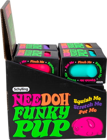 A display box showing multiple NeeDoh Funky Pups in vibrant colors including pink and teal. Each pup features playful text inviting users to squish, stretch, and pet them. The packaging is colorful and designed to attract attention, showcasing the fun and sensory nature of these toy items by Schylling.