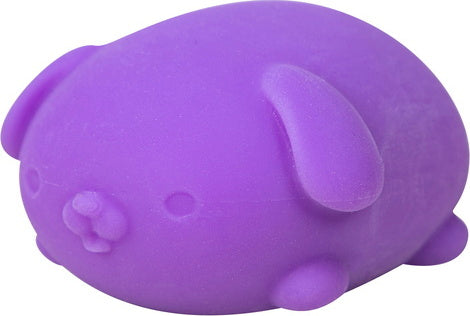 A purple, squishy fidget toy shaped like a cute puppy with rounded features, including floppy ears and a small muzzle. The NeeDoh Funky Pup by Schylling is designed to provide tactile stimulation and stress relief.