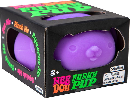 NeeDoh Funky Pup by Schylling is a vibrant purple fidget toy designed for stress relief and sensory play. The cute pup shape promotes tactile engagement, making it perfect for both kids and adults. The packaging showcases the toy with a fun, playful design and highlights its squeezable features. Recommended for ages 3 and up.