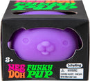 NeeDoh Funky Pup by Schylling is a vibrant purple fidget toy shaped like a cute puppy. It provides a satisfying squeeze and is perfect for stress relief and sensory play. The product comes in a colorful box, indicating it's suitable for ages 3 and up.