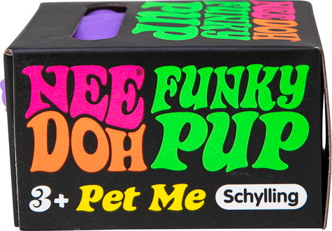 The NeeDoh Funky Pup by Schylling is a colorful squishy fidget toy designed to relieve stress and provide sensory stimulation. The vibrant packaging features bold letters in pink, green, and orange, inviting users to 'Pet Me'. Ideal for ages 3 and up, it promises hours of fun and relaxation.