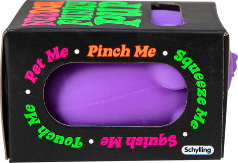 NeeDoh Funky Pup by Schylling, a vibrant purple fidget toy packaged in a colorful box. The box features playful text encouraging interaction, such as 'Pinch Me', 'Squeeze Me', and 'Pet Me'. This sensory toy is designed to provide stress relief and tactile fun.