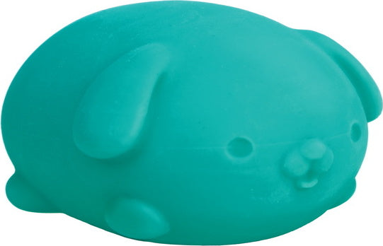A vibrant teal NeeDoh Funky Pup by Schylling, resembling a cute puppy with a smooth, squishy texture, perfect for fidgeting and stress relief.